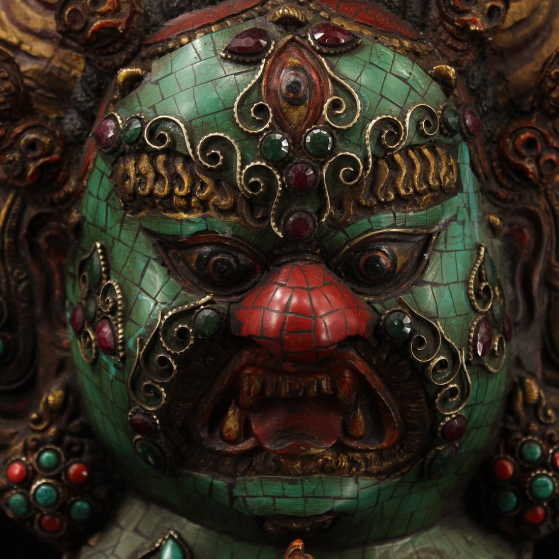 Old Tibetan Copper Inlay Turquoise Gem Buddha Head Statue - 3