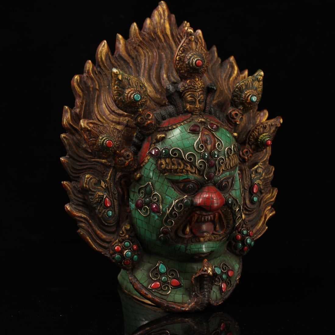 Old Tibetan Copper Inlay Turquoise Gem Buddha Head Statue - 4