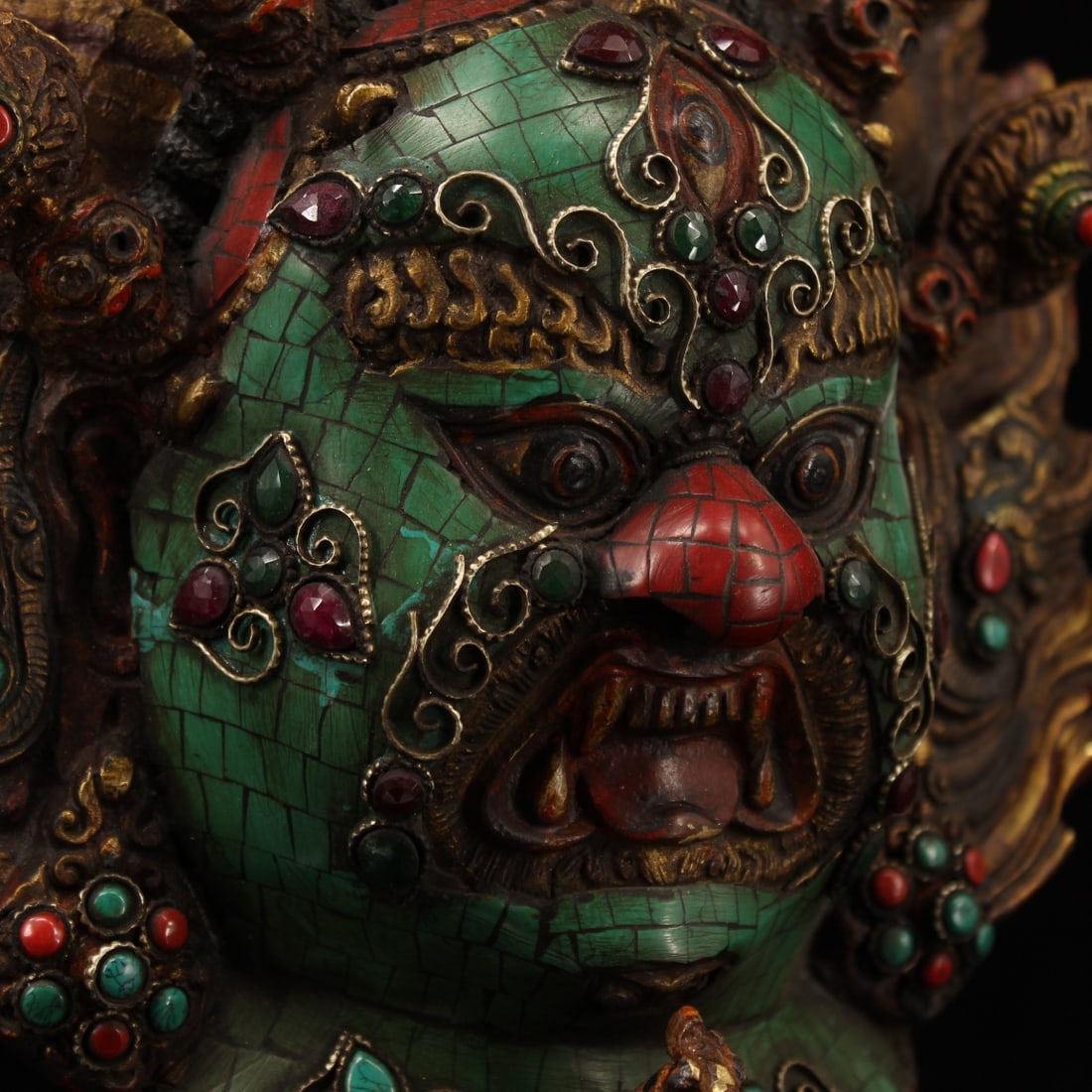 Old Tibetan Copper Inlay Turquoise Gem Buddha Head Statue - 5