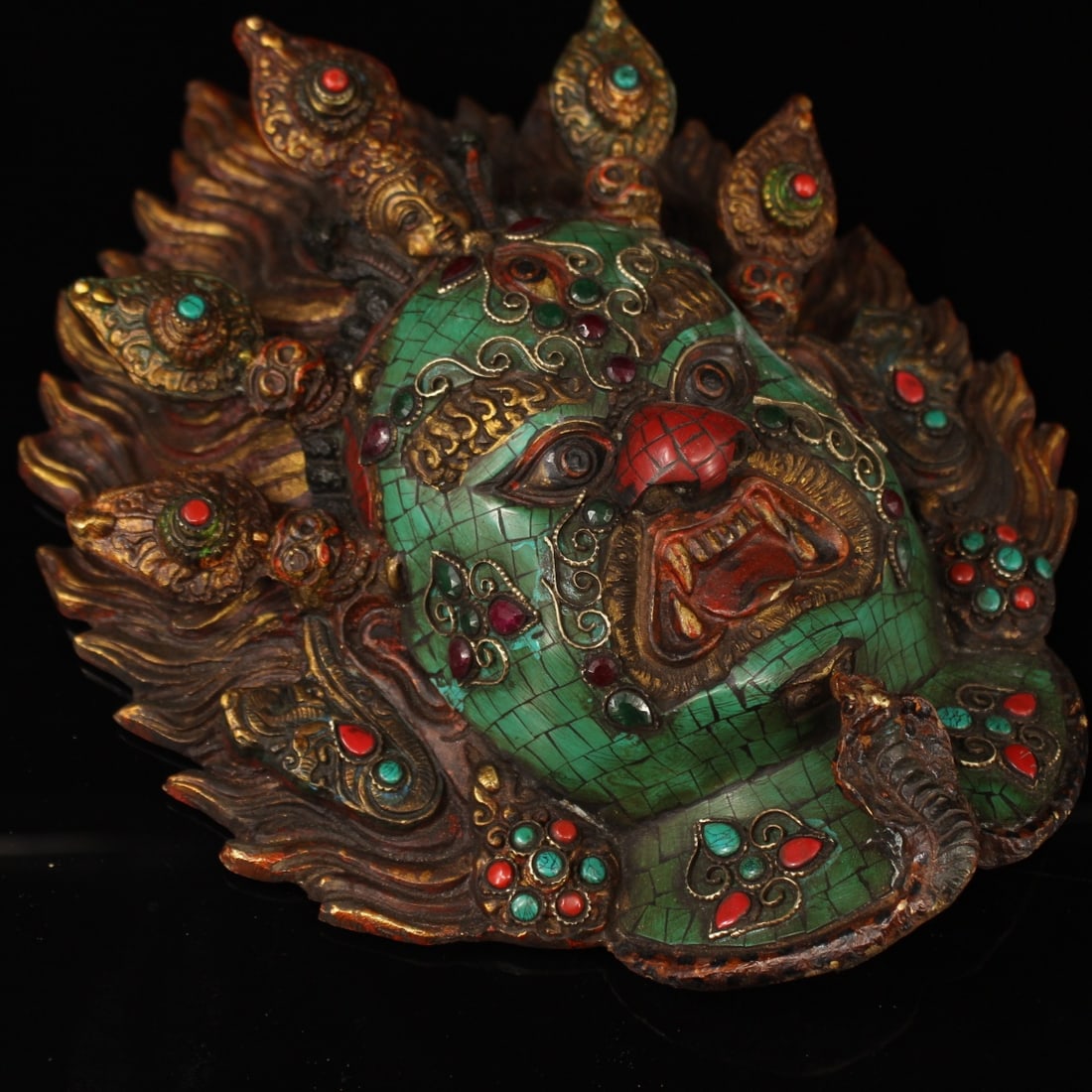 Old Tibetan Copper Inlay Turquoise Gem Buddha Head Statue - 6