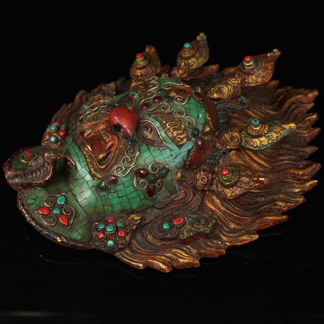 Old Tibetan Copper Inlay Turquoise Gem Buddha Head Statue - 7