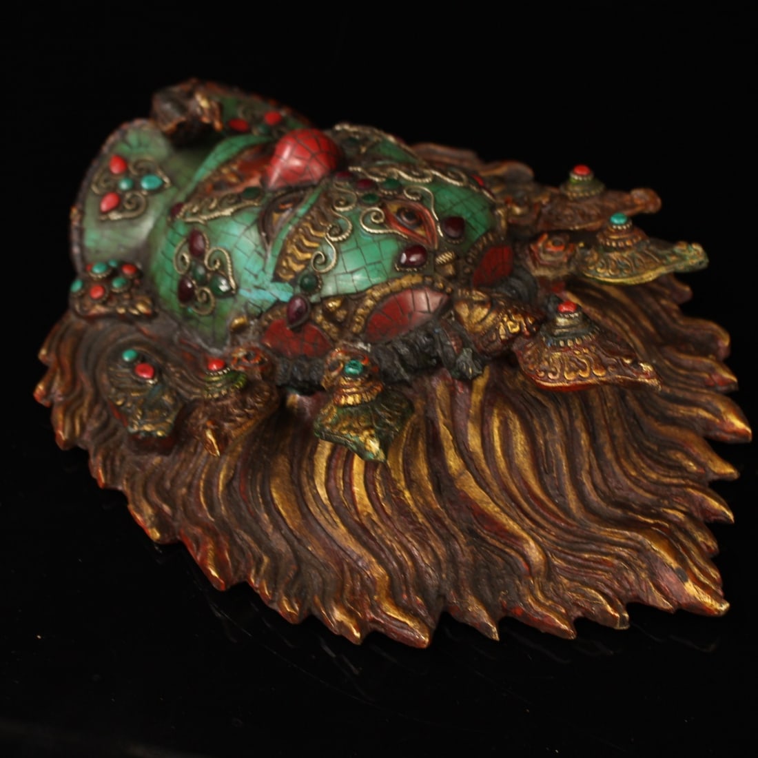 Old Tibetan Copper Inlay Turquoise Gem Buddha Head Statue - 8