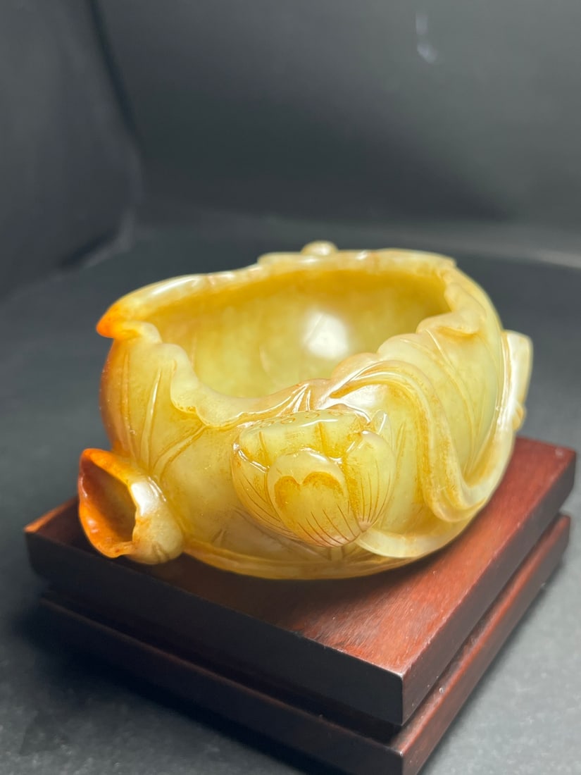 Vintage Hetian Jade Chi Dragon Lotus leaf Brush Washer - 2