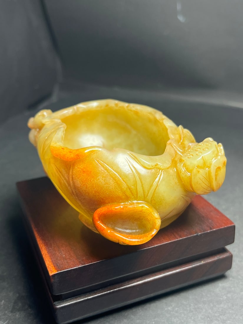Vintage Hetian Jade Chi Dragon Lotus leaf Brush Washer - 3