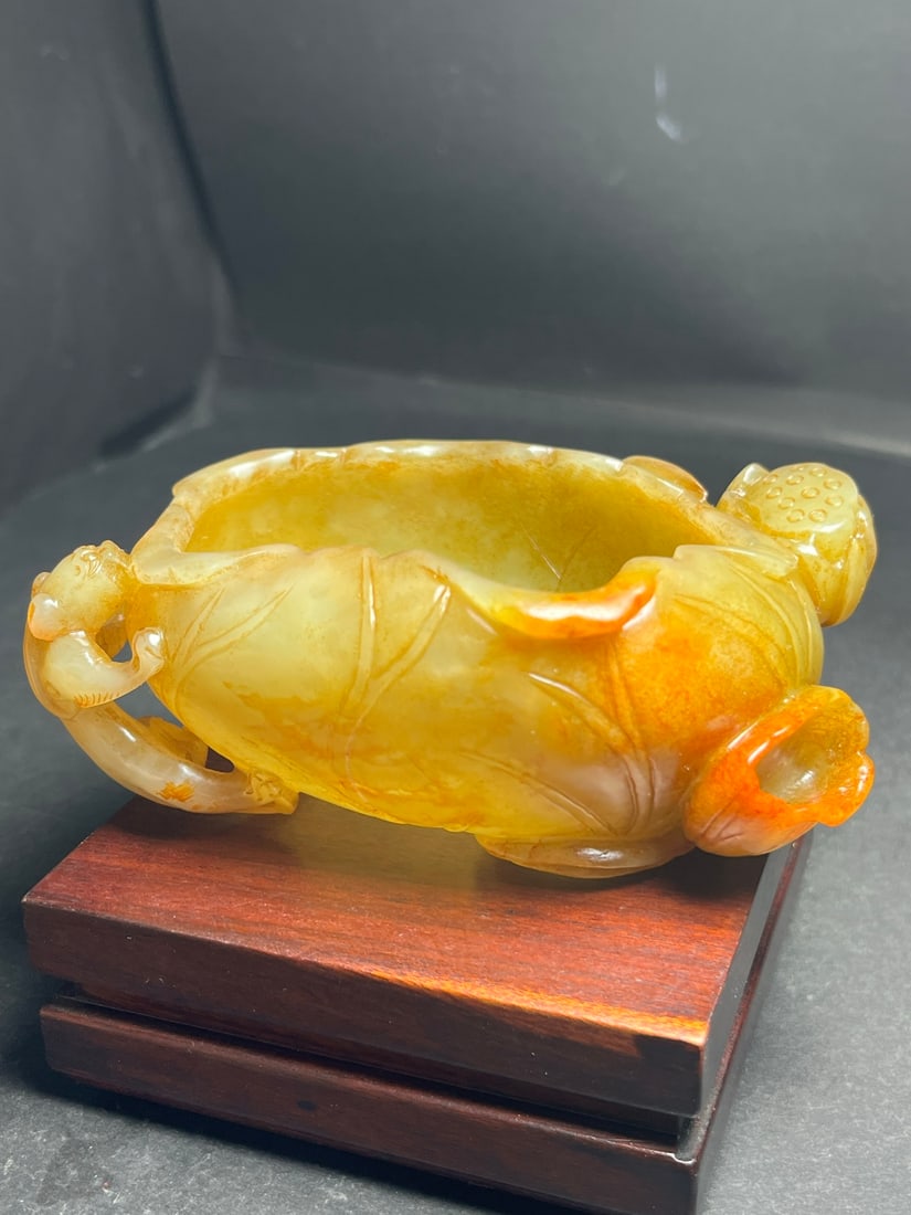 Vintage Hetian Jade Chi Dragon Lotus leaf Brush Washer - 4