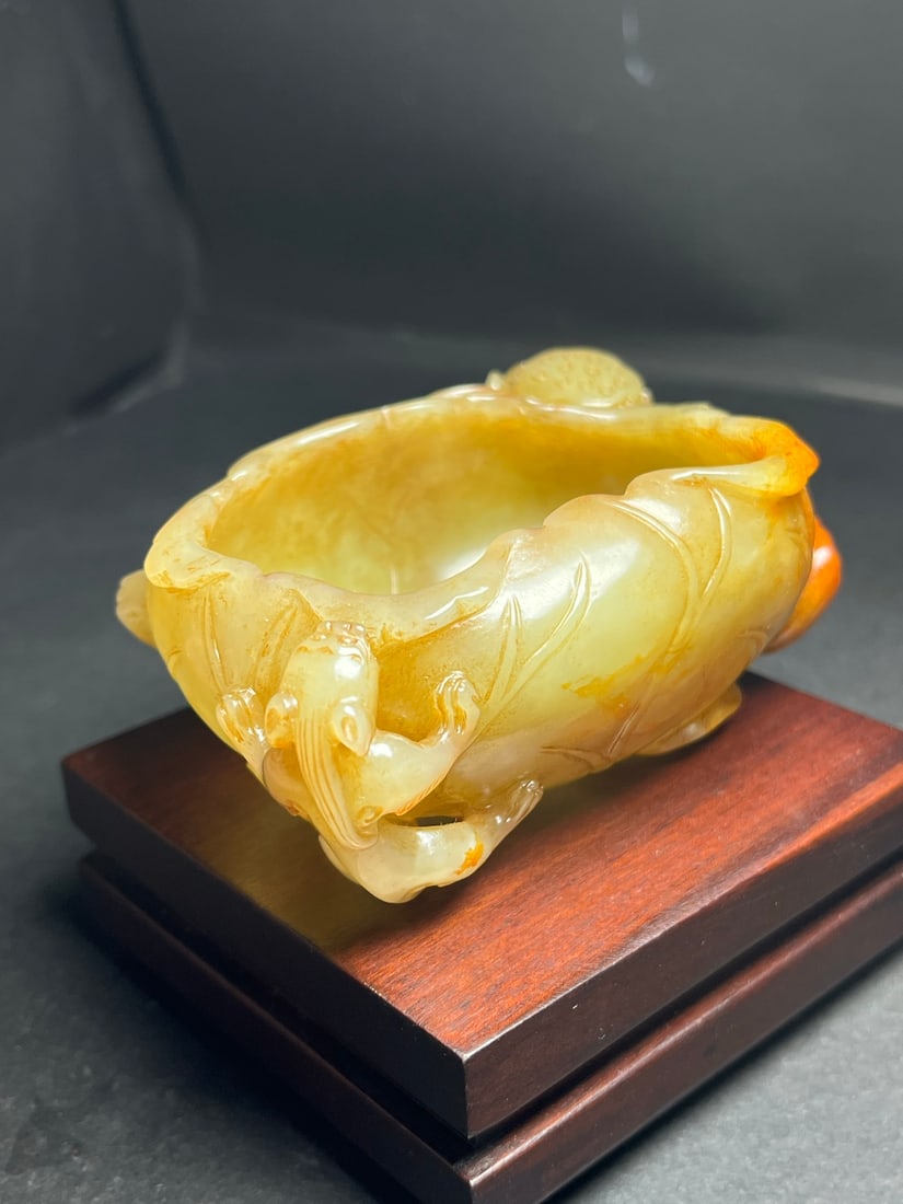 Vintage Hetian Jade Chi Dragon Lotus leaf Brush Washer - 5
