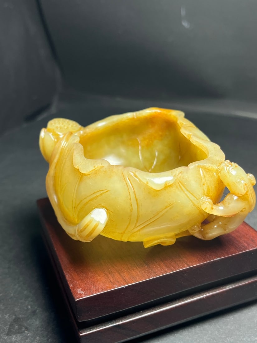 Vintage Hetian Jade Chi Dragon Lotus leaf Brush Washer - 6