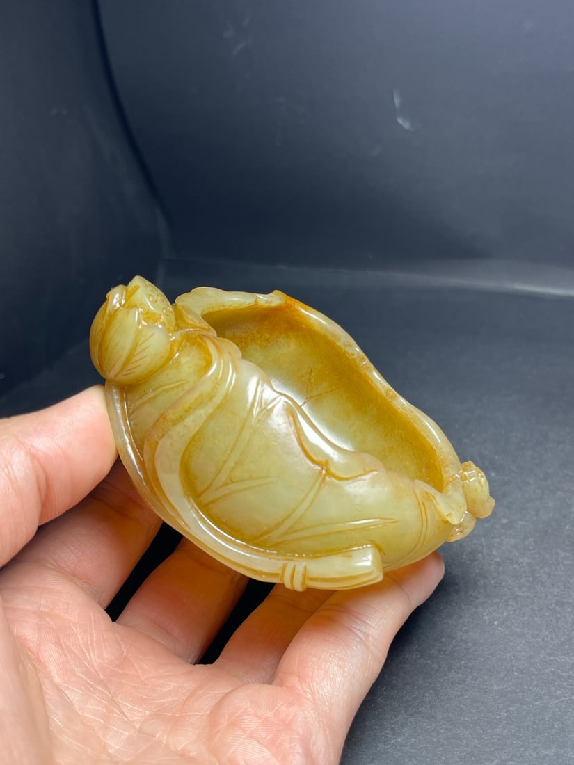 Vintage Hetian Jade Chi Dragon Lotus leaf Brush Washer - 8