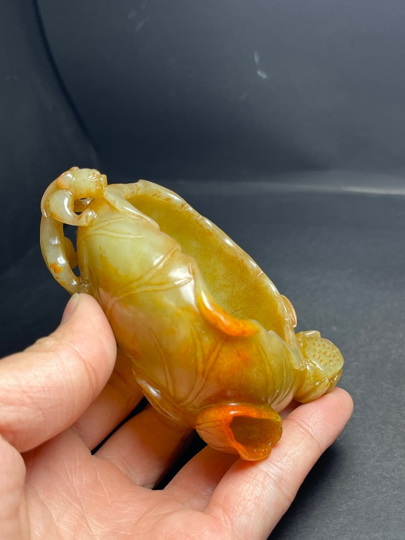 Vintage Hetian Jade Chi Dragon Lotus leaf Brush Washer - 9