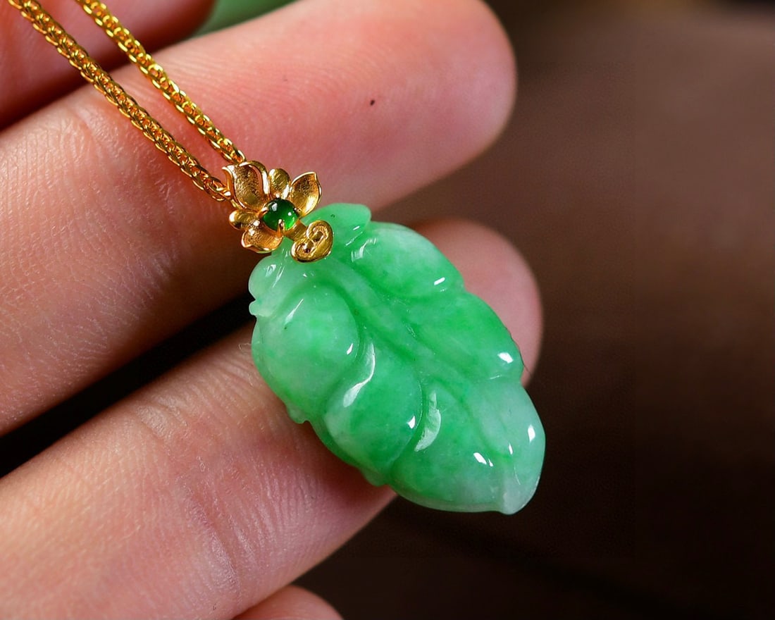 Green Jadeite Hand Carved Pendant - Leaf - 2