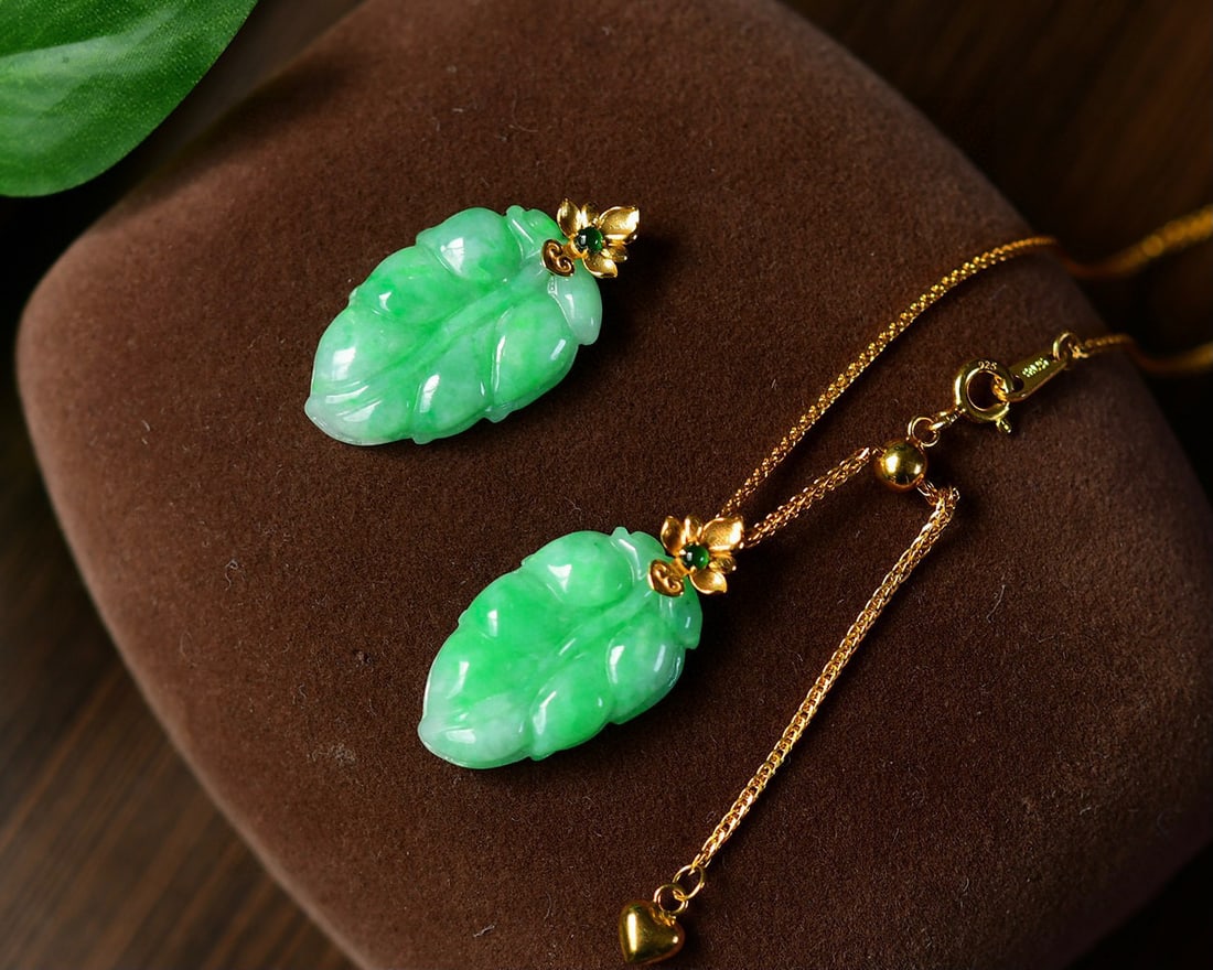 Green Jadeite Hand Carved Pendant - Leaf - 3