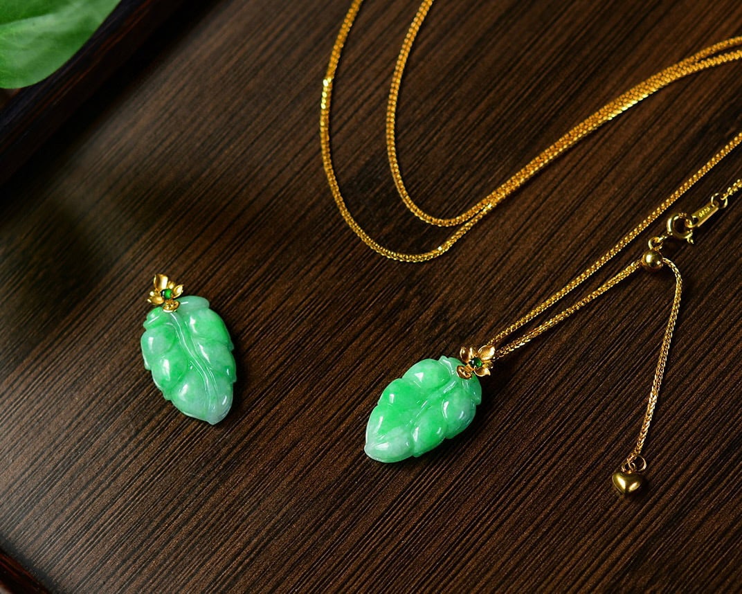 Green Jadeite Hand Carved Pendant - Leaf - 4