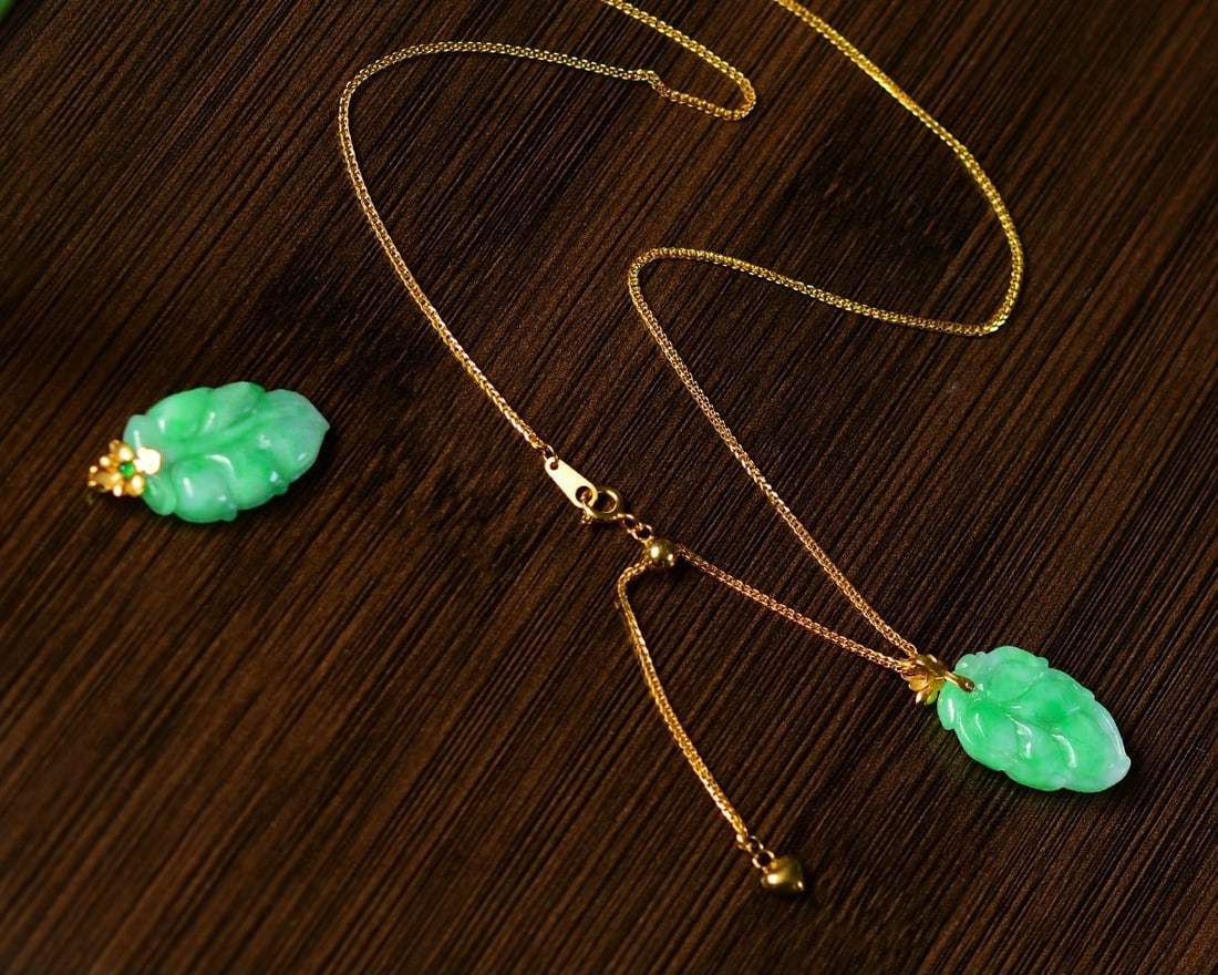 Green Jadeite Hand Carved Pendant - Leaf - 5