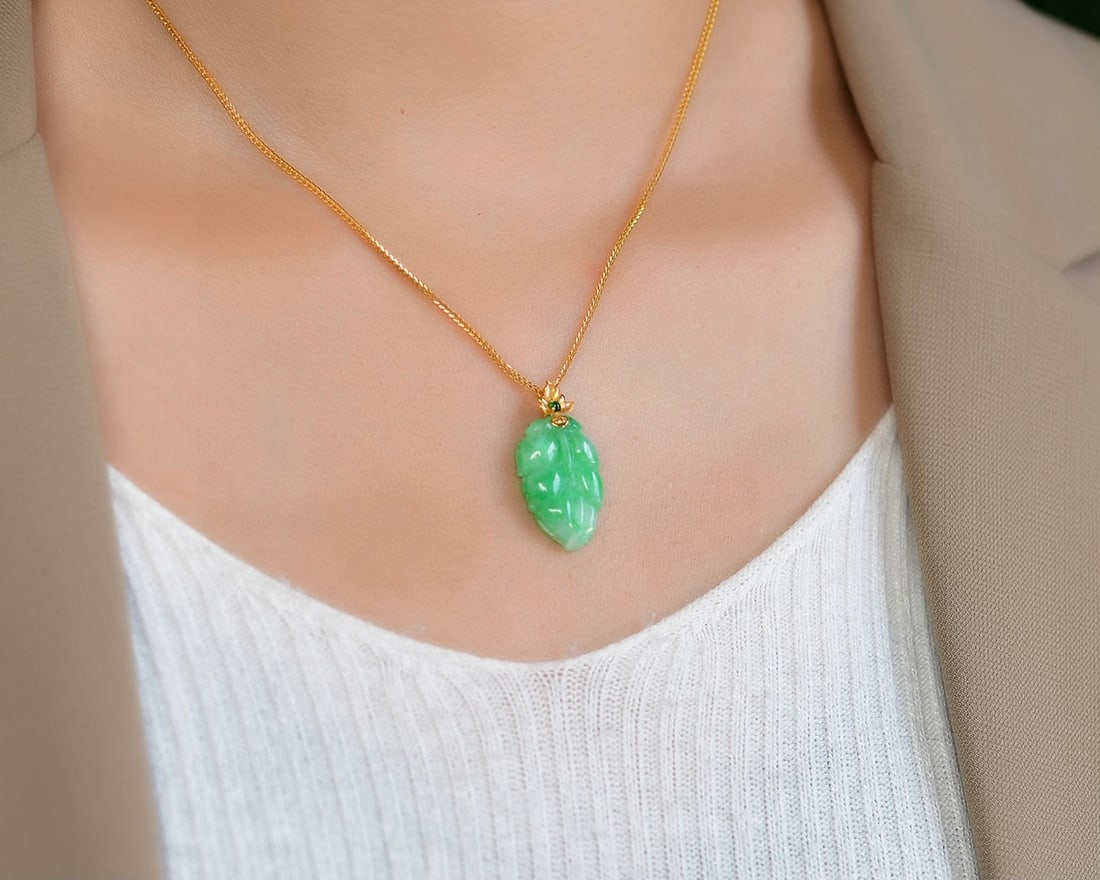 Green Jadeite Hand Carved Pendant - Leaf - 6