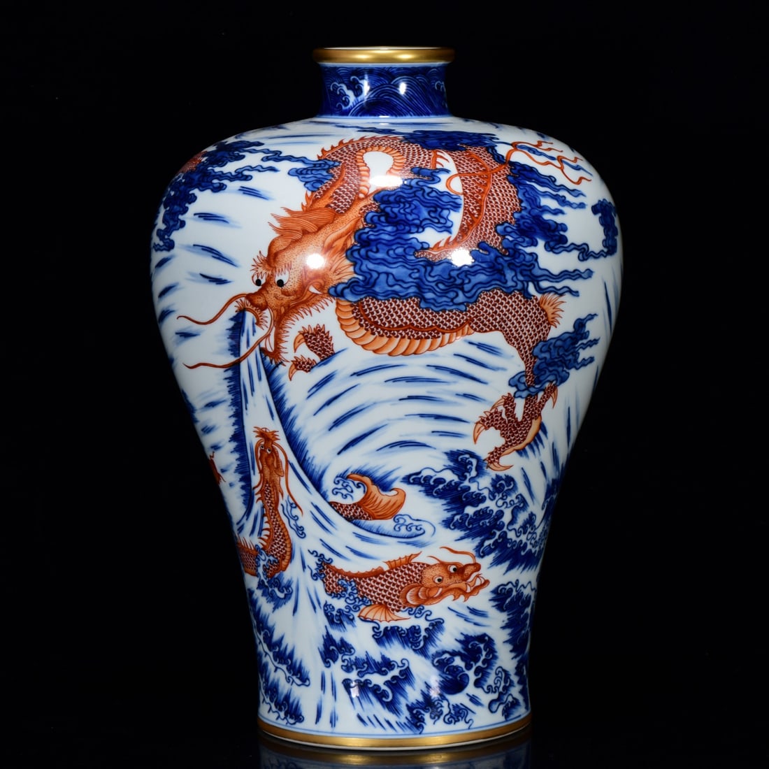 Gilt Gold Iron Red Glaze+Blue and White Porcelain Dragon Vase w Yongzheng Mark (1 of 9)