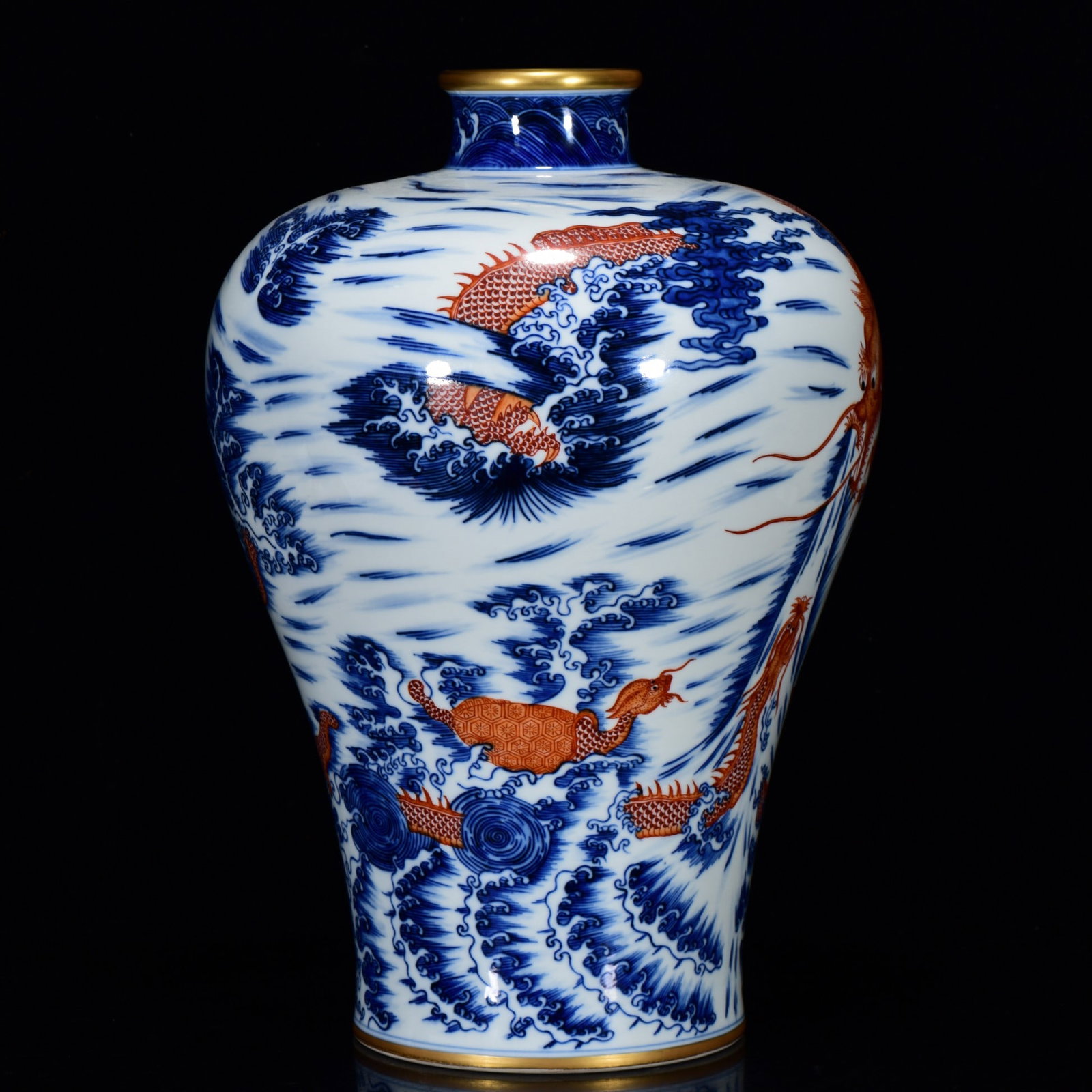 Gilt Gold Iron Red Glaze+Blue and White Porcelain Dragon Vase w Yongzheng Mark - 2