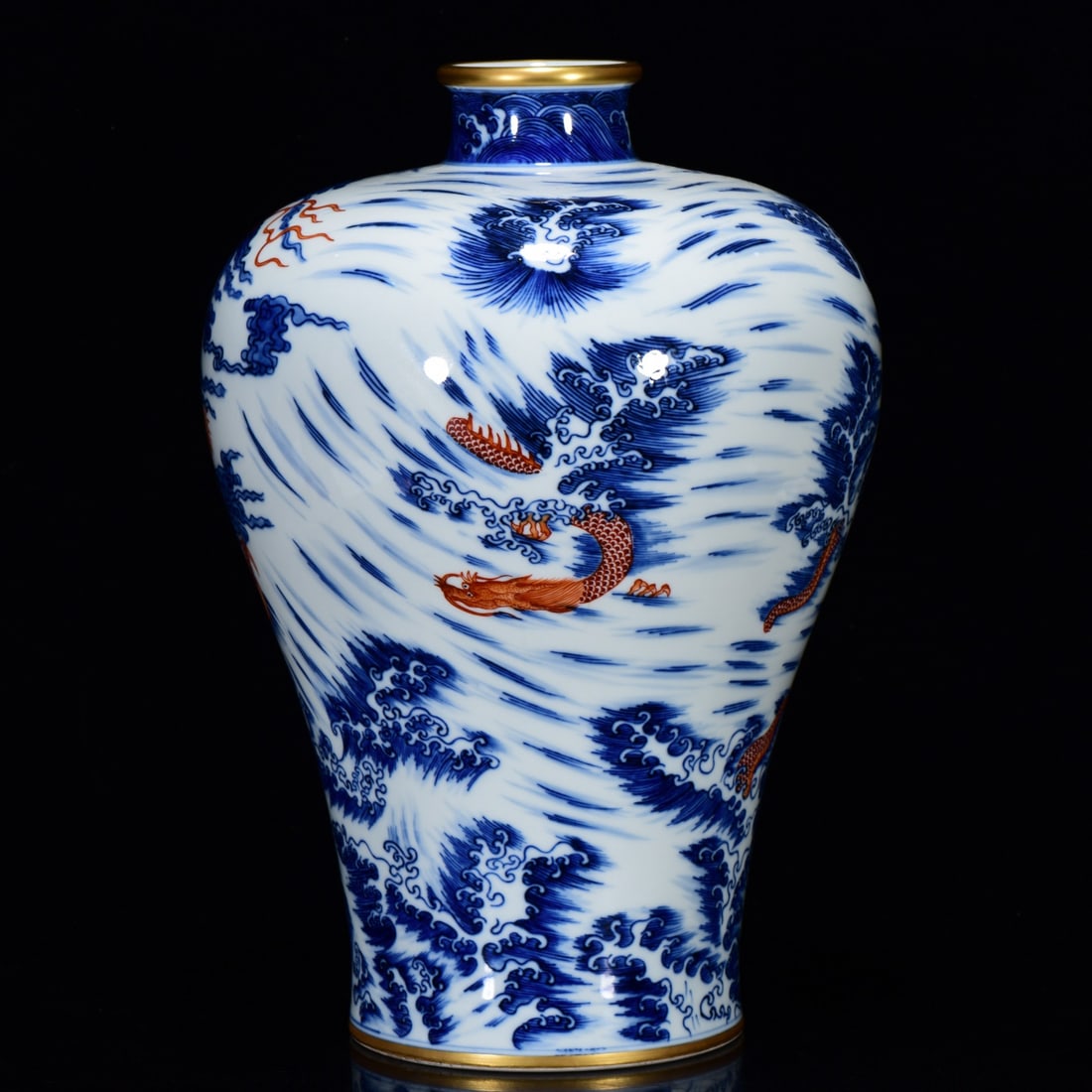 Gilt Gold Iron Red Glaze+Blue and White Porcelain Dragon Vase w Yongzheng Mark - 3