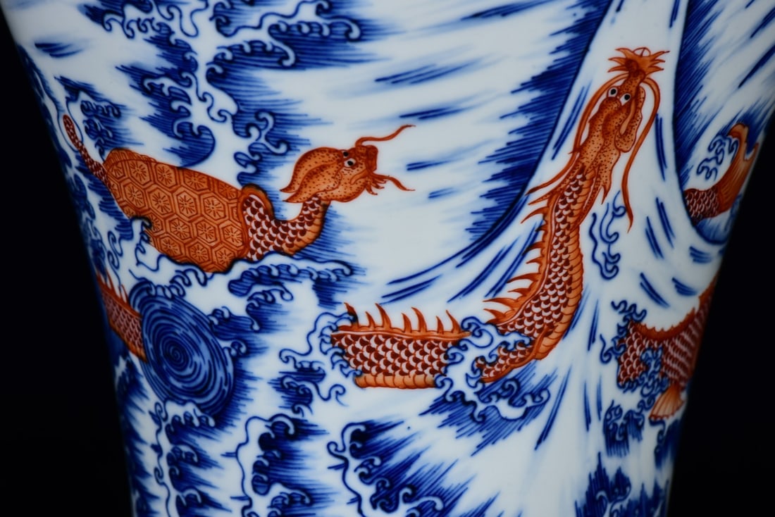 Gilt Gold Iron Red Glaze+Blue and White Porcelain Dragon Vase w Yongzheng Mark - 5