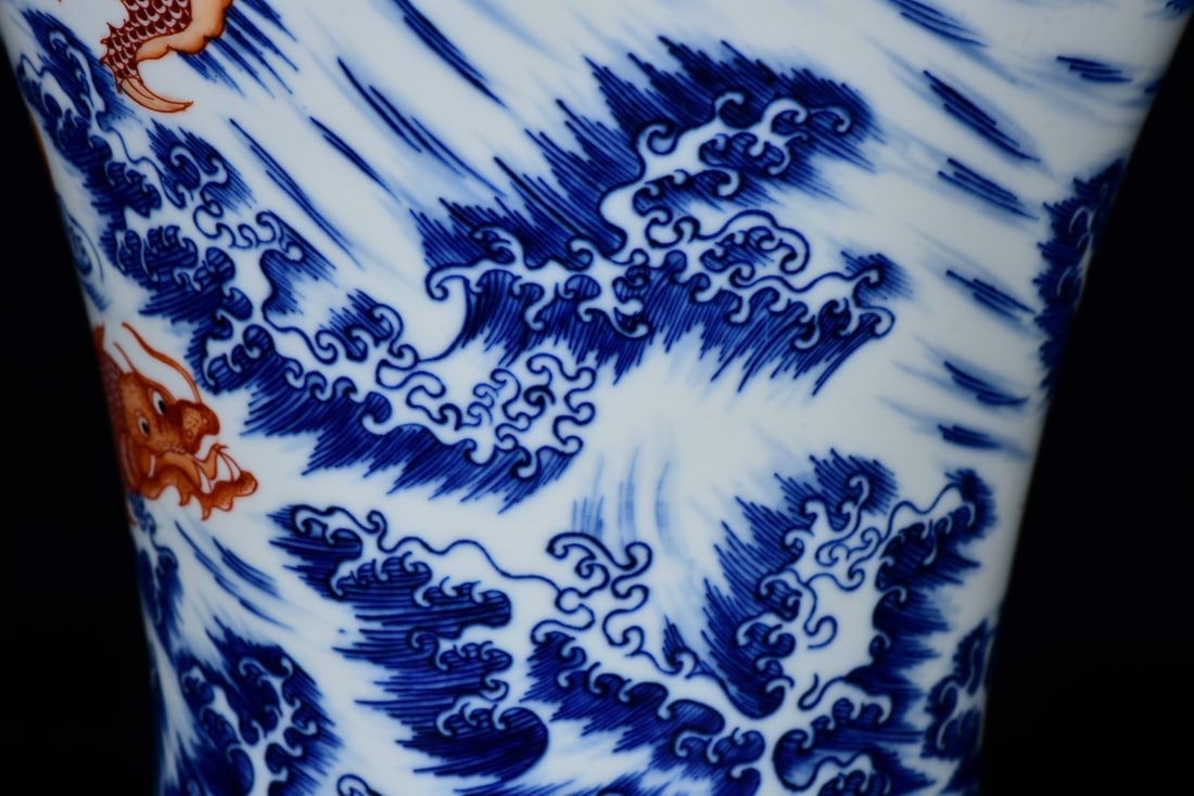 Gilt Gold Iron Red Glaze+Blue and White Porcelain Dragon Vase w Yongzheng Mark - 6