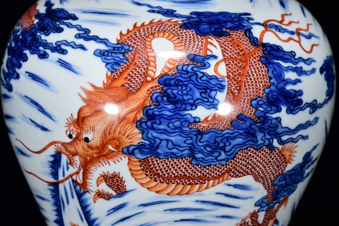 Gilt Gold Iron Red Glaze+Blue and White Porcelain Dragon Vase w Yongzheng Mark - 7