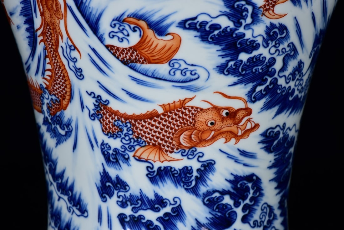Gilt Gold Iron Red Glaze+Blue and White Porcelain Dragon Vase w Yongzheng Mark - 8
