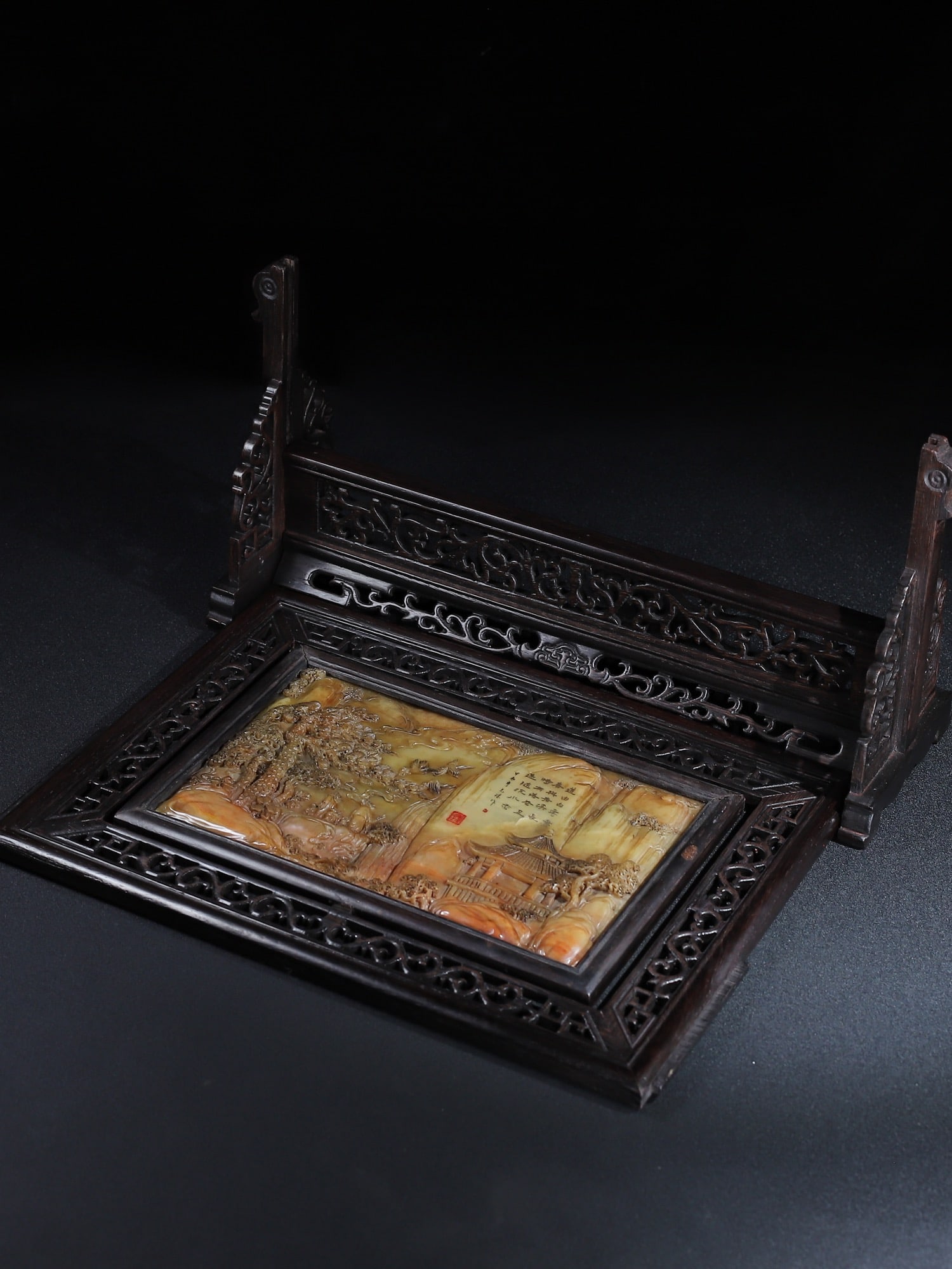 Vintage Huali Wood Inlay Shoushan Stone Mountain River Scene Screen - 11
