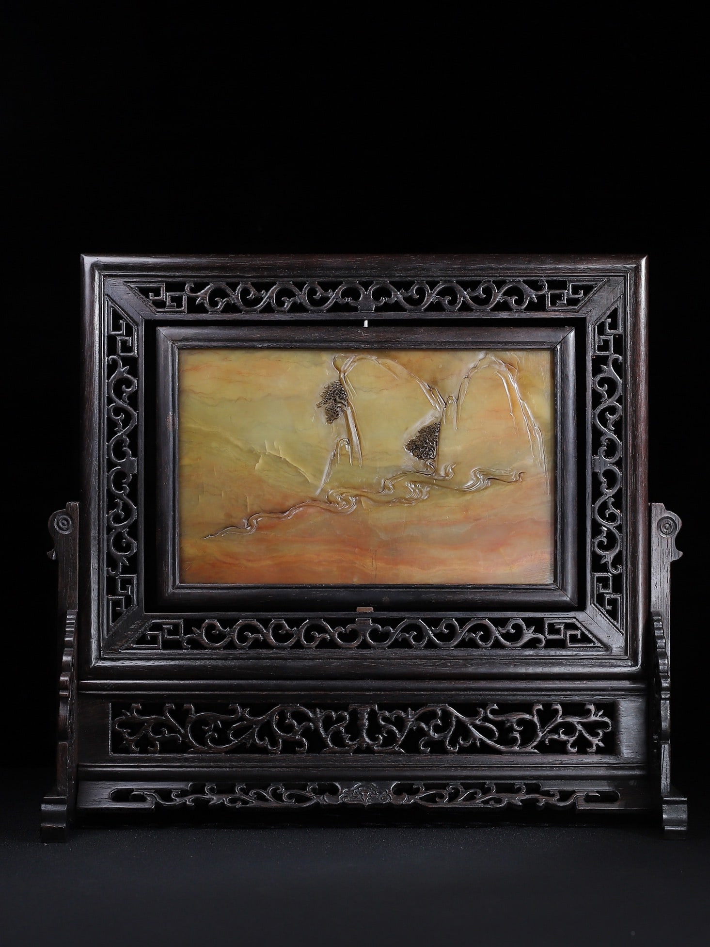 Vintage Huali Wood Inlay Shoushan Stone Mountain River Scene Screen - 3