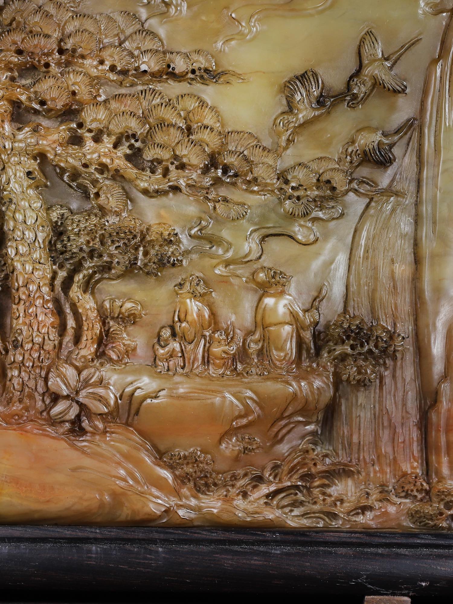 Vintage Huali Wood Inlay Shoushan Stone Mountain River Scene Screen - 4