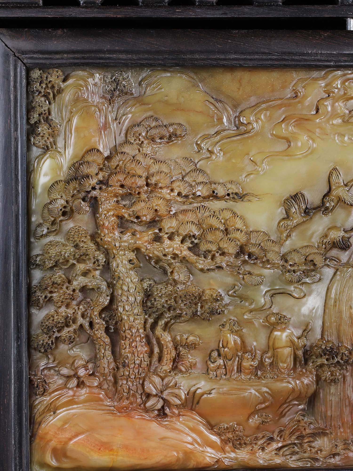 Vintage Huali Wood Inlay Shoushan Stone Mountain River Scene Screen - 7