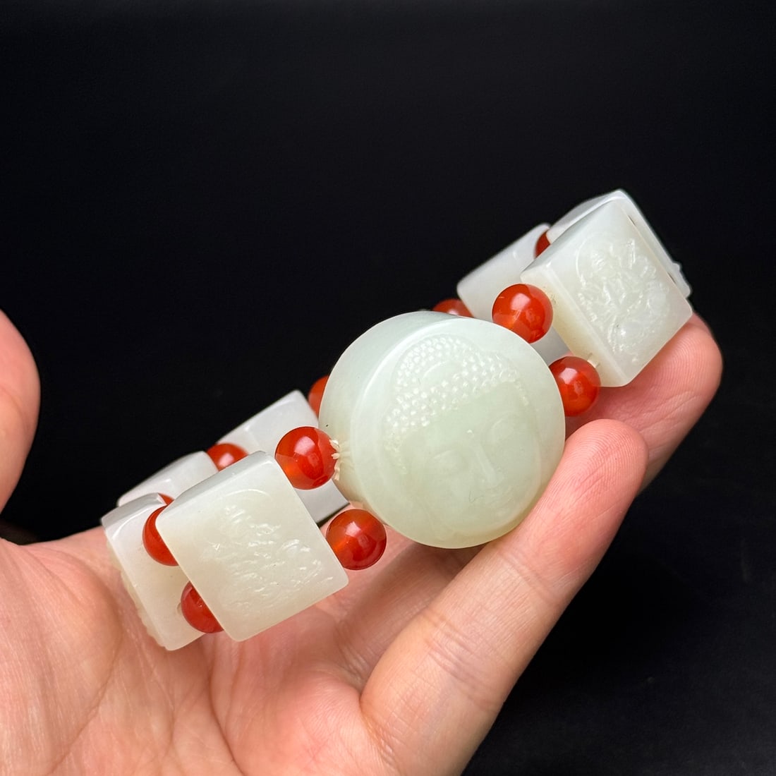 Hetian Jade & Red Agate Buddha Bracelet - 8