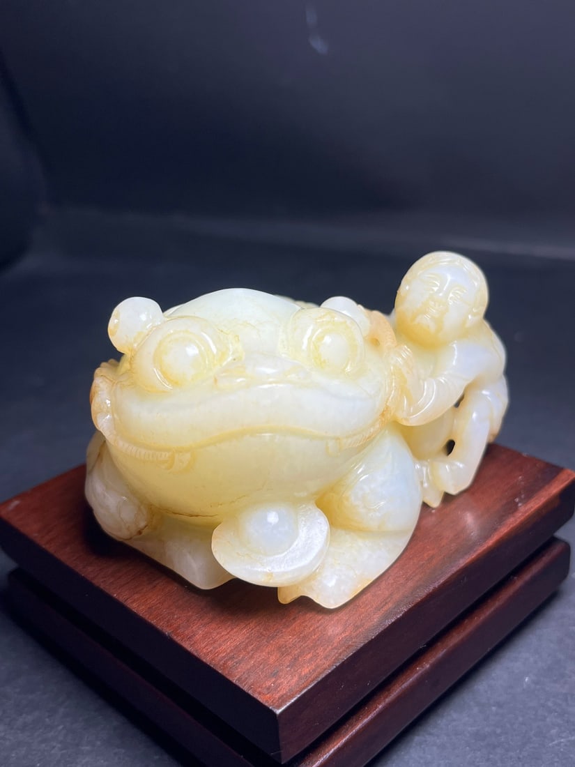Old Hetian Jade Toad & Liuhai Statue - 2
