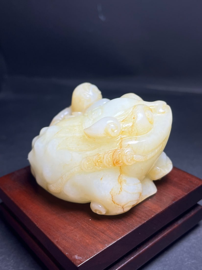 Old Hetian Jade Toad & Liuhai Statue - 3