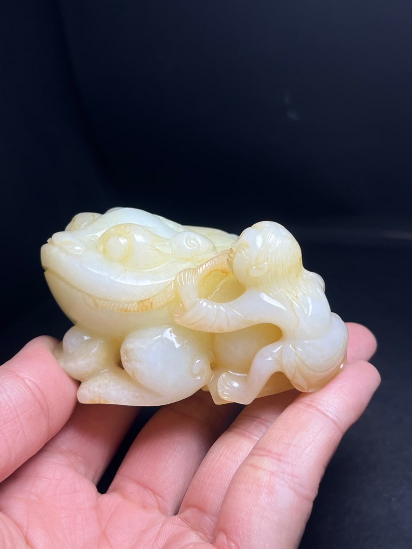 Old Hetian Jade Toad & Liuhai Statue - 8