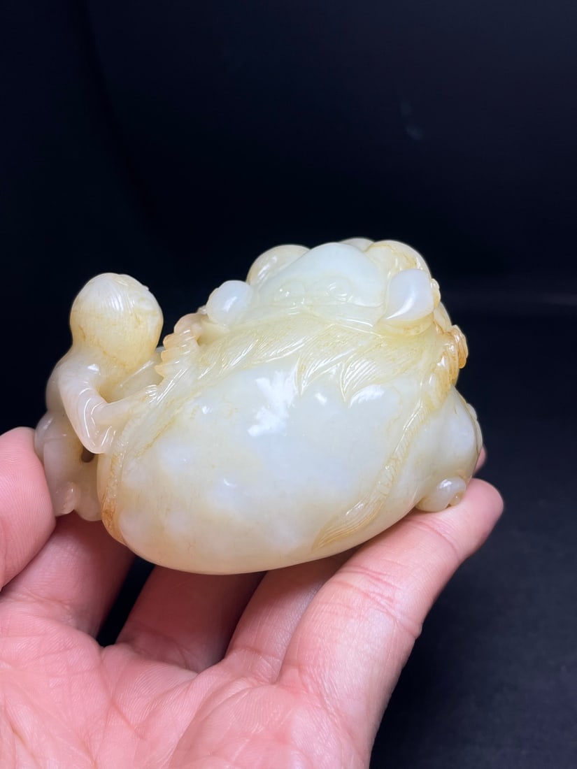 Old Hetian Jade Toad & Liuhai Statue - 9