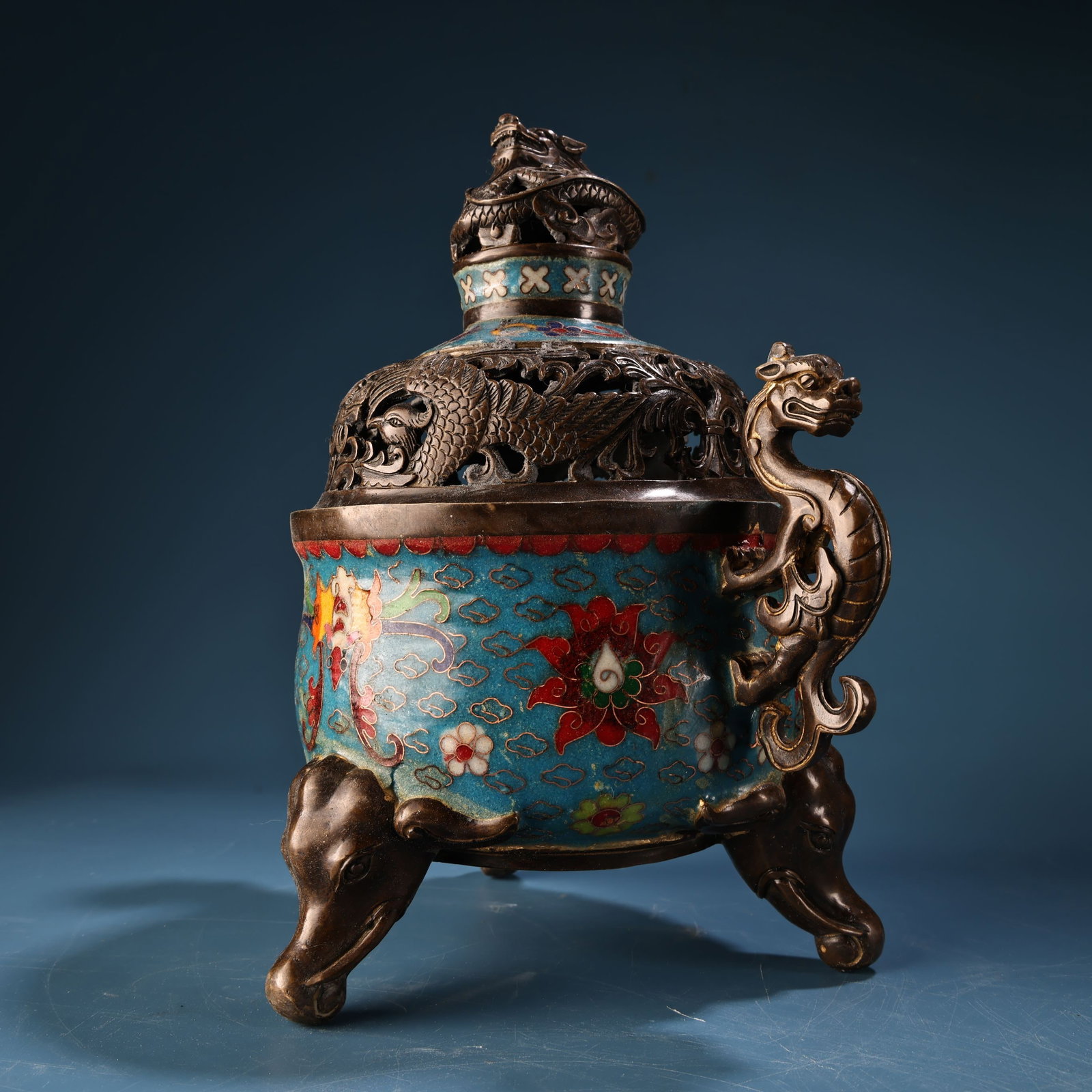 Vintage Bronze Cloisonne Dragon Phoenix Incense Burner - 2