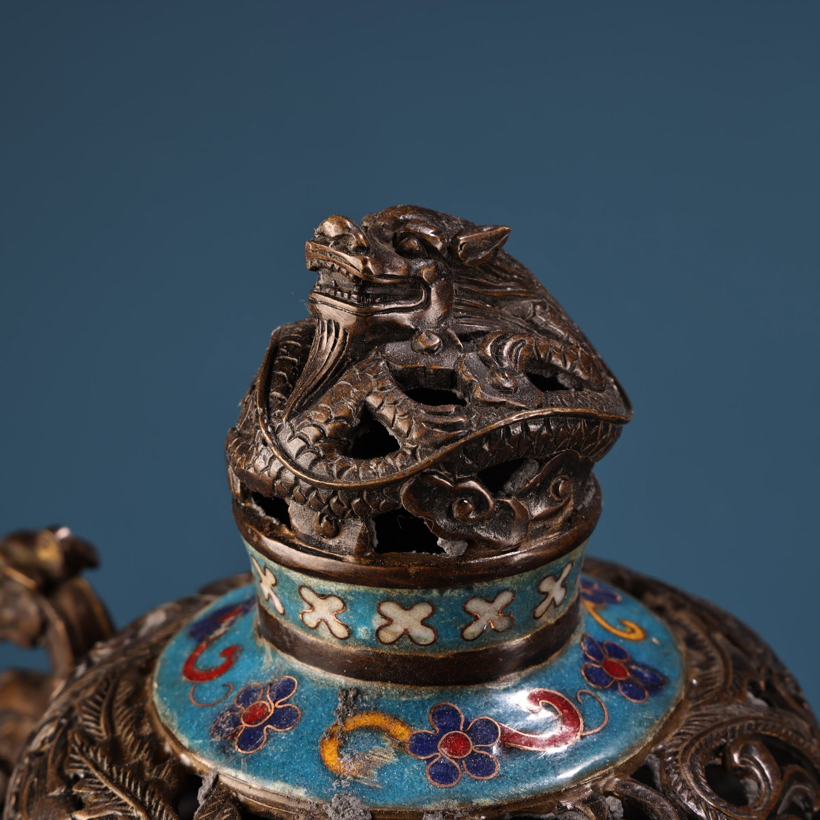 Vintage Bronze Cloisonne Dragon Phoenix Incense Burner - 3