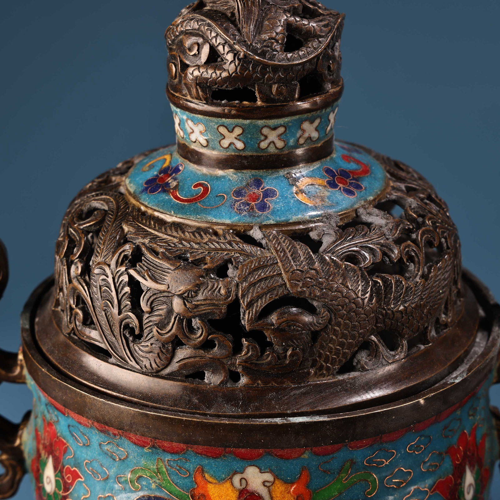 Vintage Bronze Cloisonne Dragon Phoenix Incense Burner - 4