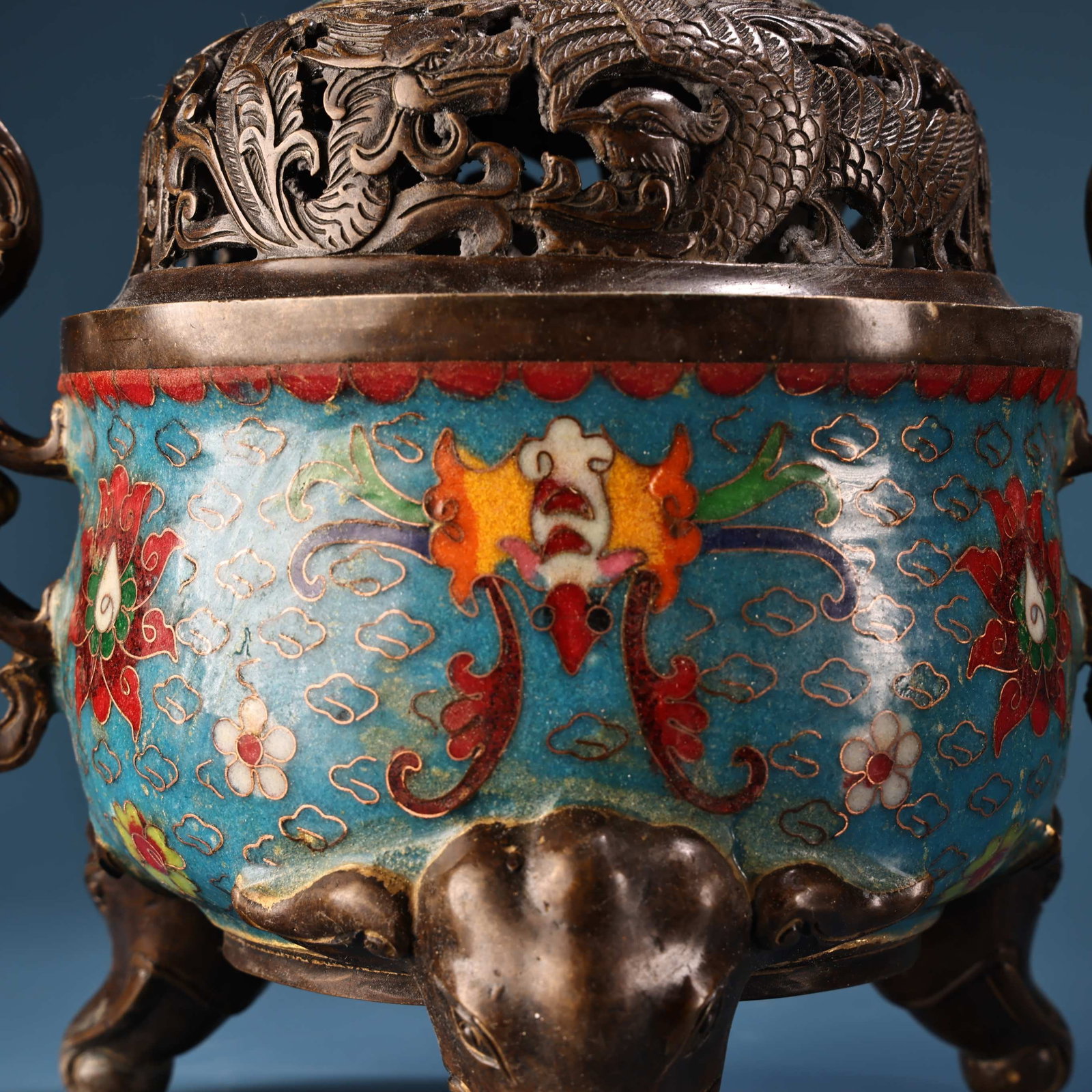 Vintage Bronze Cloisonne Dragon Phoenix Incense Burner - 8