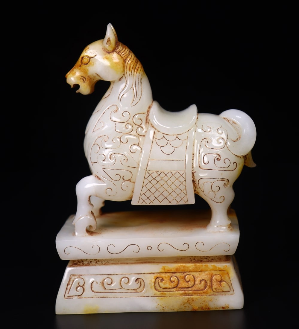 A Pair Hetian Jade Horse Seal Statue - 2