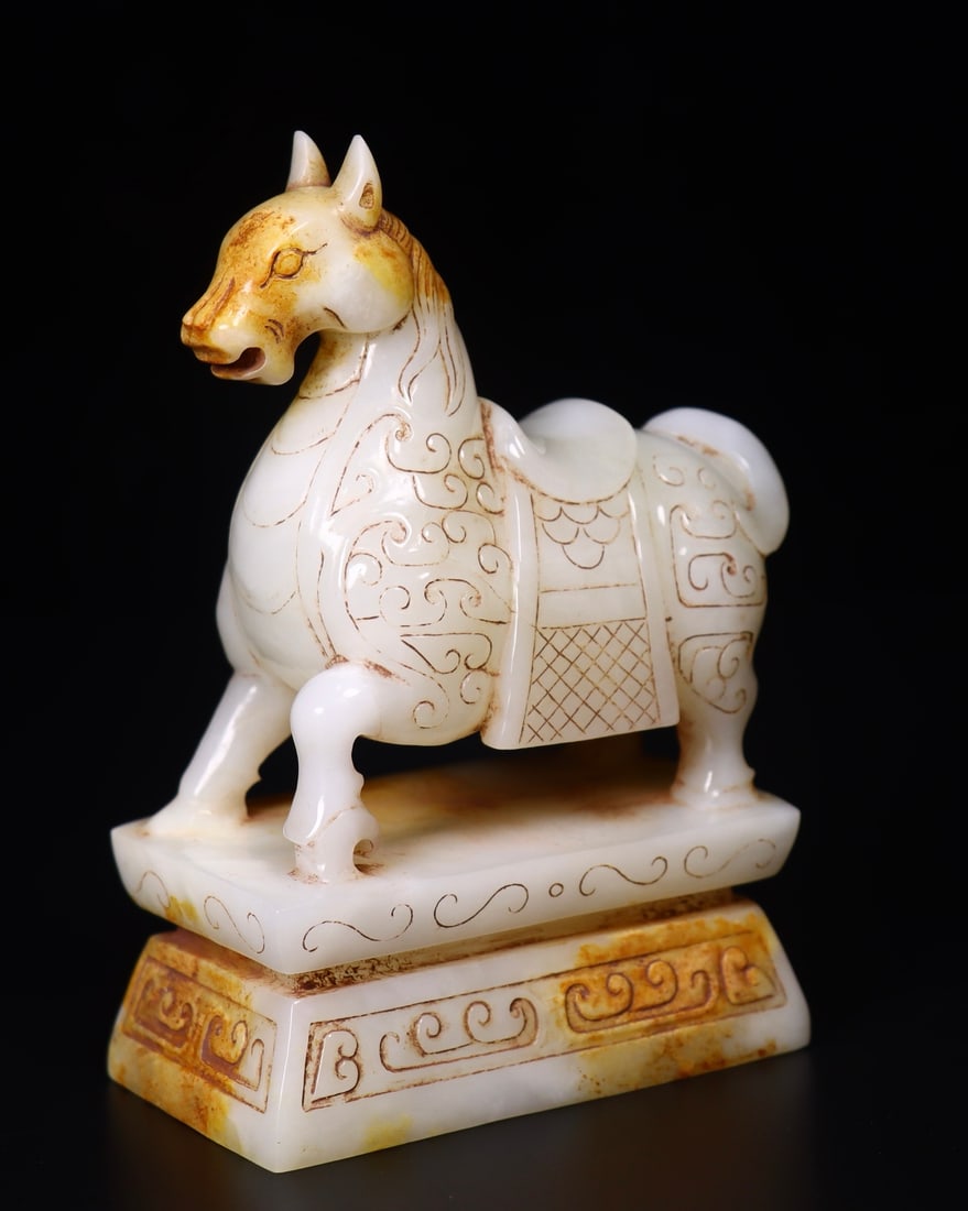 A Pair Hetian Jade Horse Seal Statue - 3