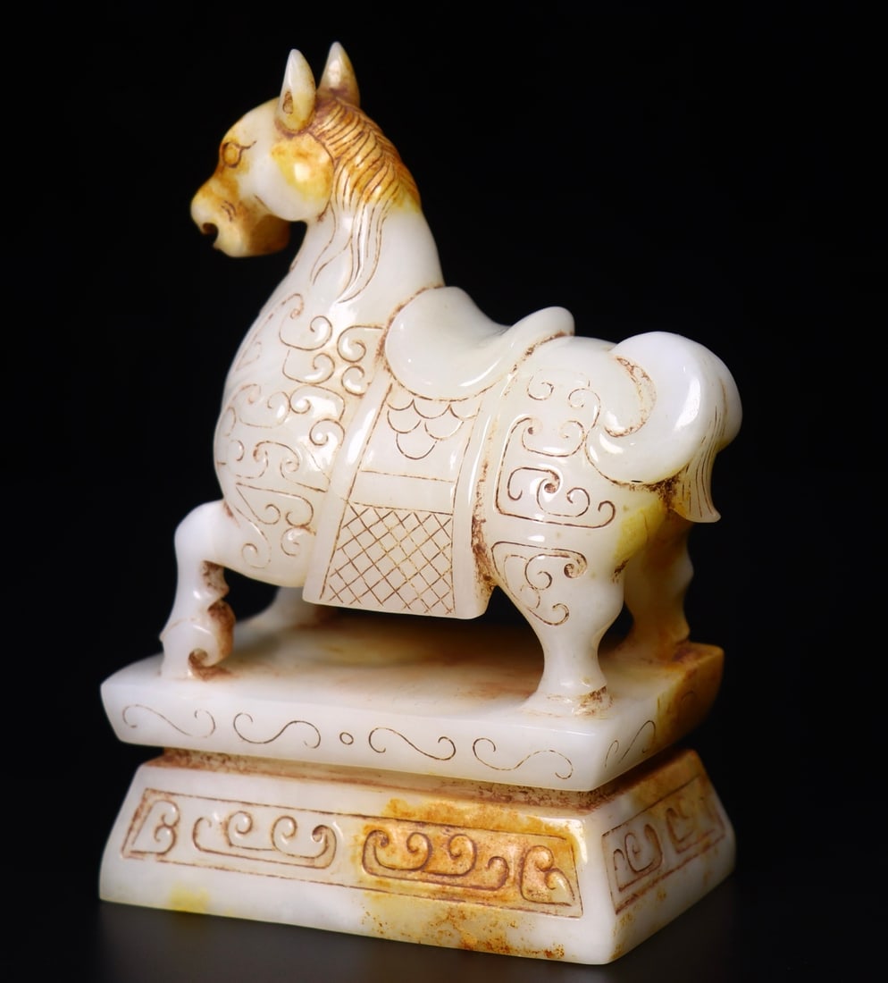 A Pair Hetian Jade Horse Seal Statue - 4