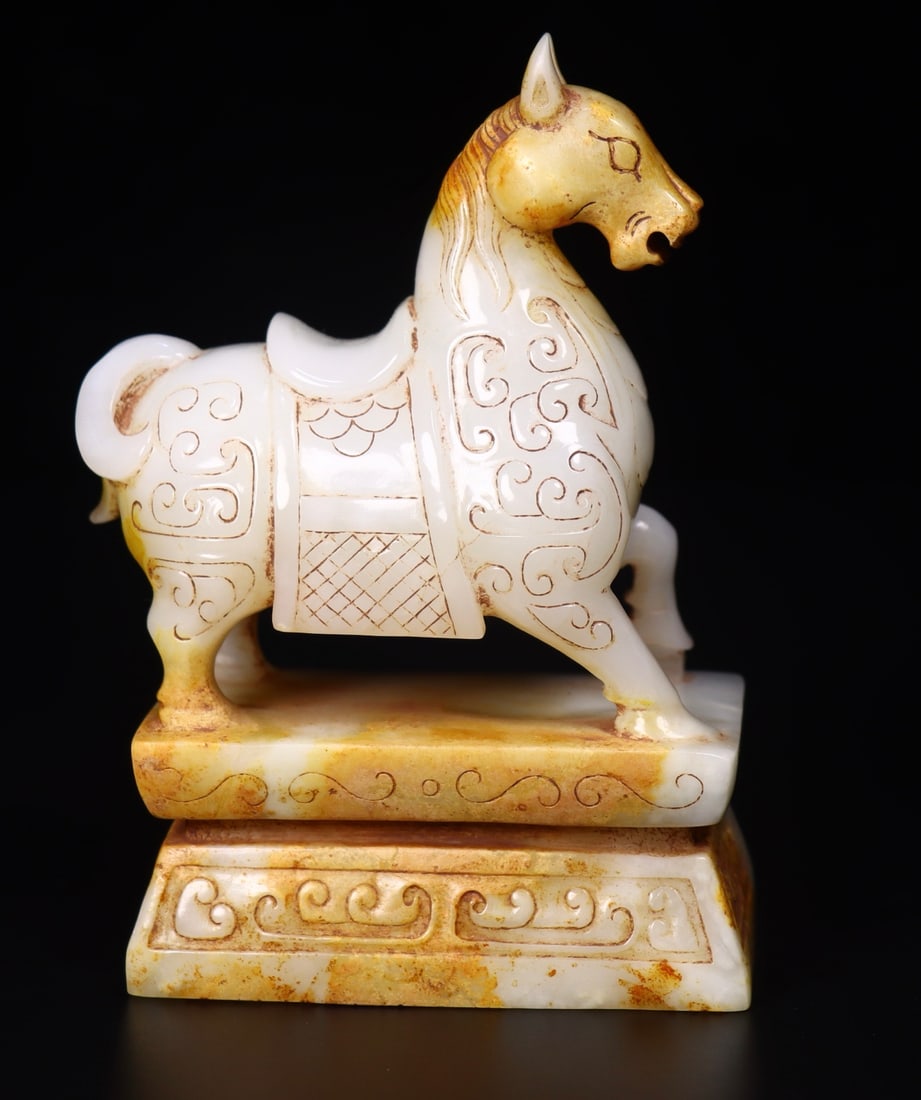 A Pair Hetian Jade Horse Seal Statue - 5
