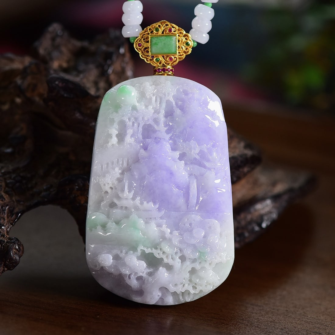 Purple Green Jadeite Hand Carved Mountain River Scene Pendant (1 of 6)
