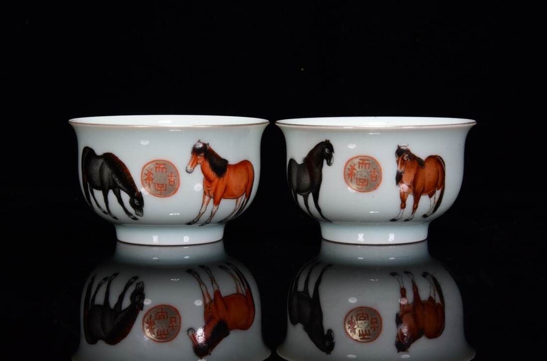 A Pair Enamel Cai Horse Design Porcelain Cup: Title: A Pair Enamel Cai Horse Design Porcelain Cup Origin: Chinese Date/Period: After1880 Materials: Porcelain Dimensions: 50x80(mm) 1.97x3.15(inches) Reserve: $399.00 Shipping: Domestic: Shipping