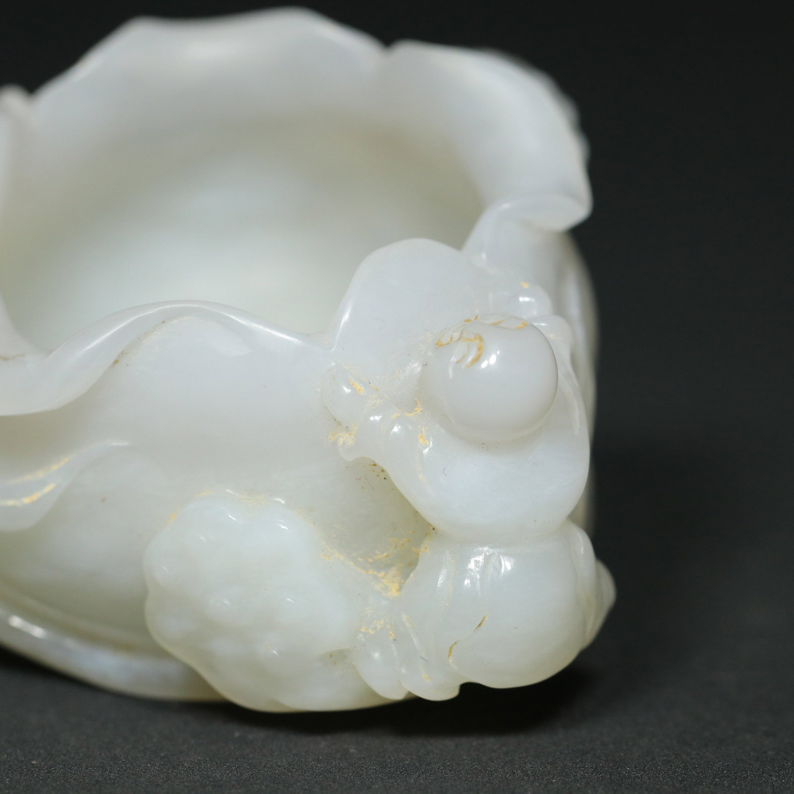 White Hetian Jade Hand Carved Lotus & Kid Brush Washer - 8