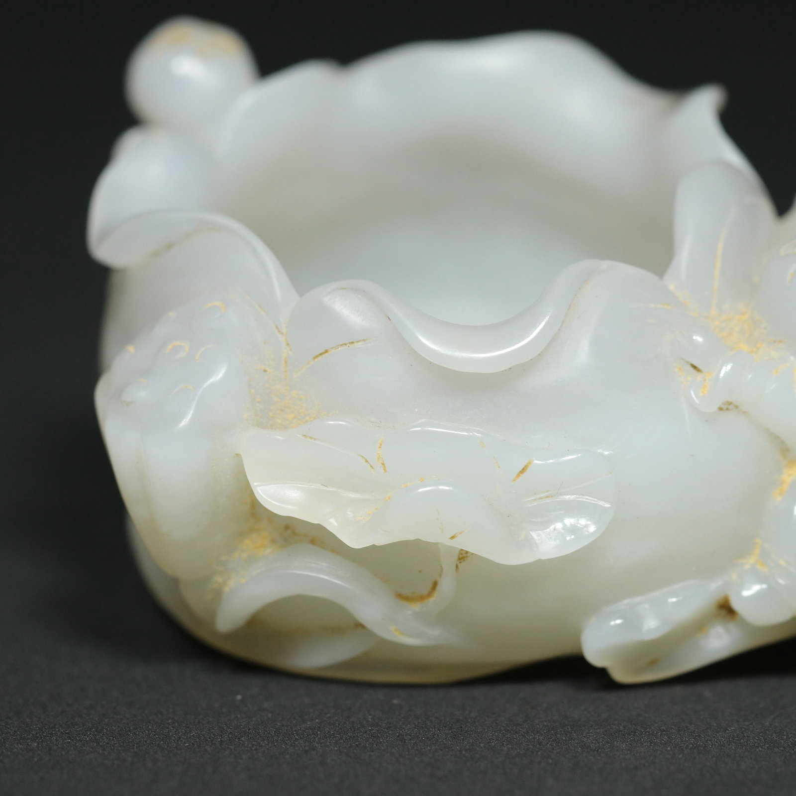White Hetian Jade Hand Carved Lotus & Kid Brush Washer - 9