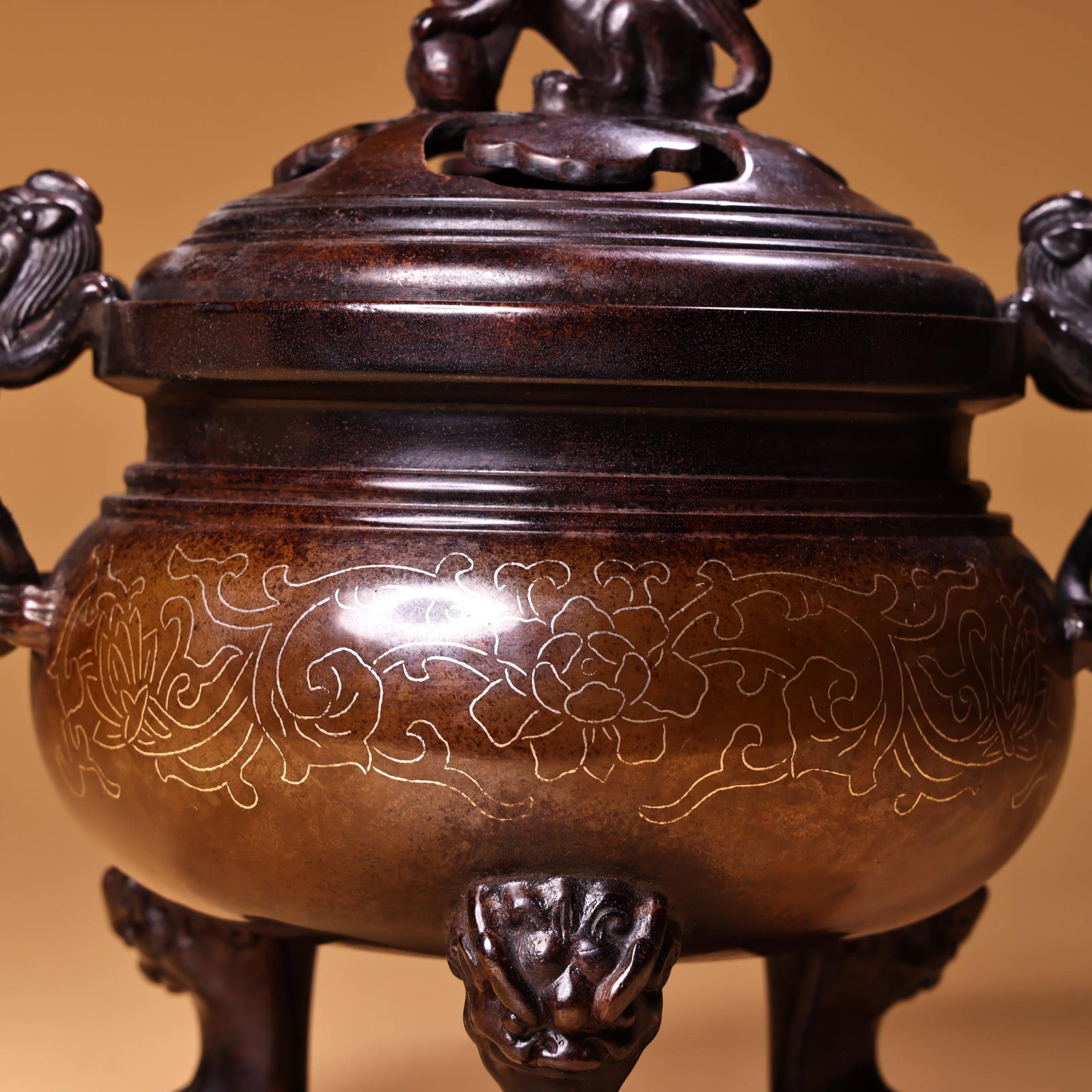 Old Red Copper Inlay Silver Wire Lion Incense Burner - 10