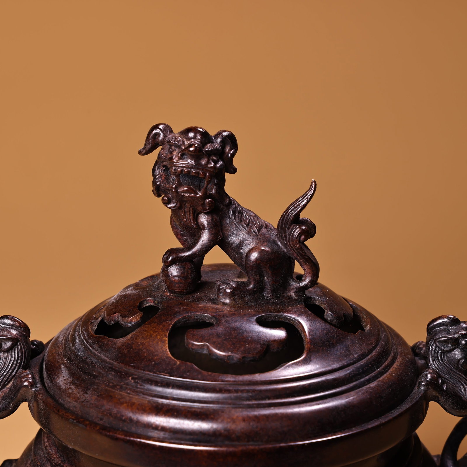 Old Red Copper Inlay Silver Wire Lion Incense Burner - 2