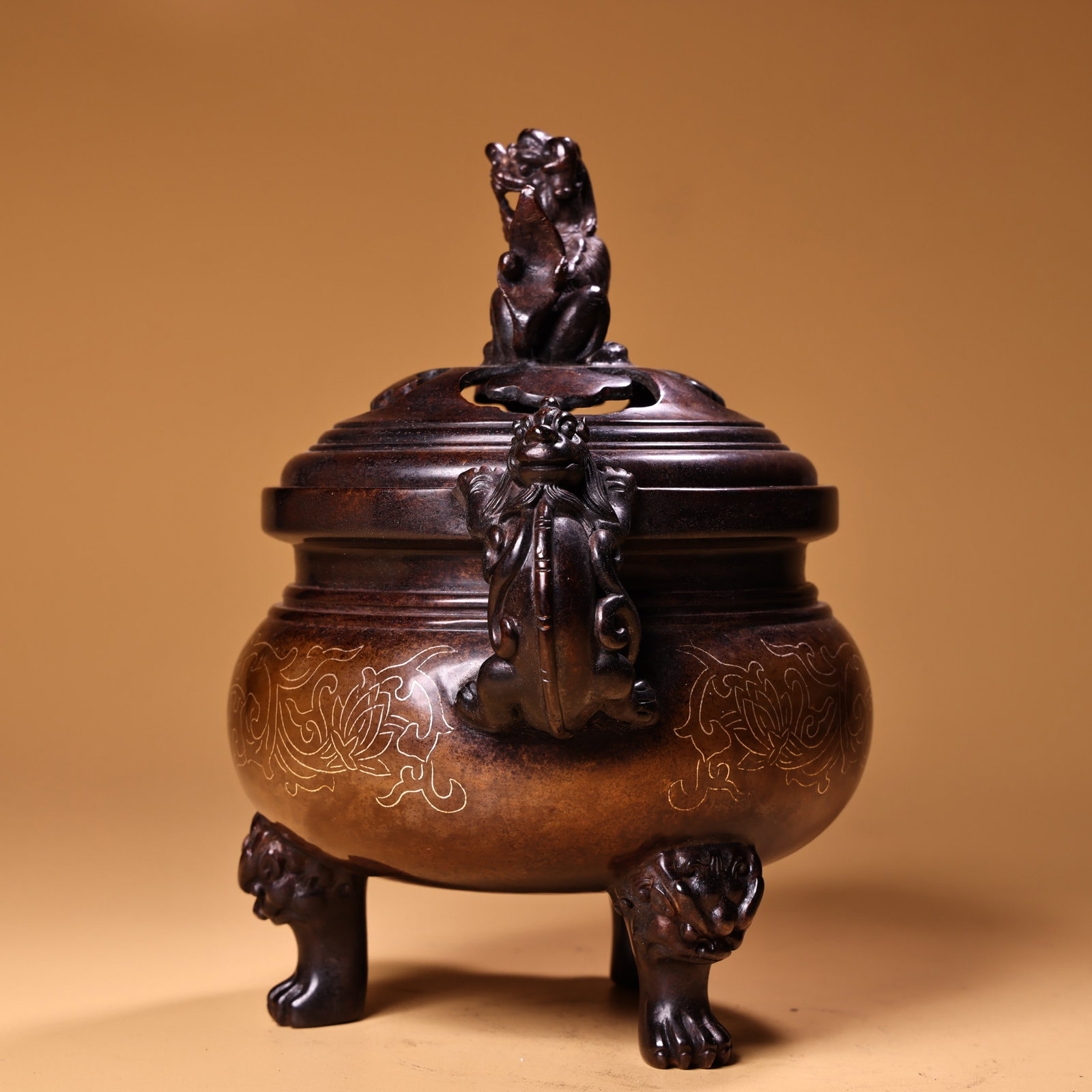 Old Red Copper Inlay Silver Wire Lion Incense Burner - 3