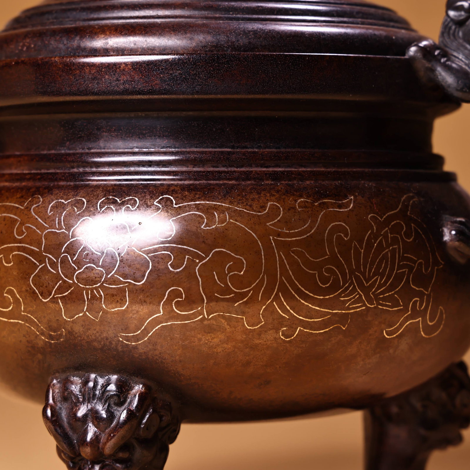 Old Red Copper Inlay Silver Wire Lion Incense Burner - 5
